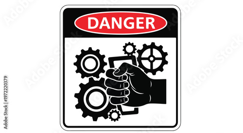 Danger warning sign with hand caught in rotating gears symbolizing industrial hazard and mechanical risk