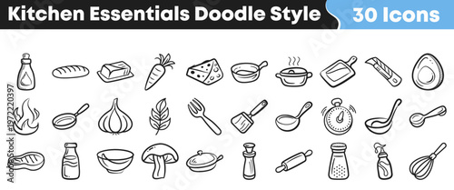 A comprehensive collection of 30 hand-drawn kitchen essentials icons in a charming doodle style perfect for culinary projects and digital designs.