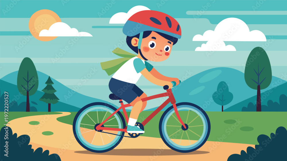Fototapeta premium Boy riding a bicycle on a sunny trail cheerful kid wearing a helmet cycling through green hills and blue skies