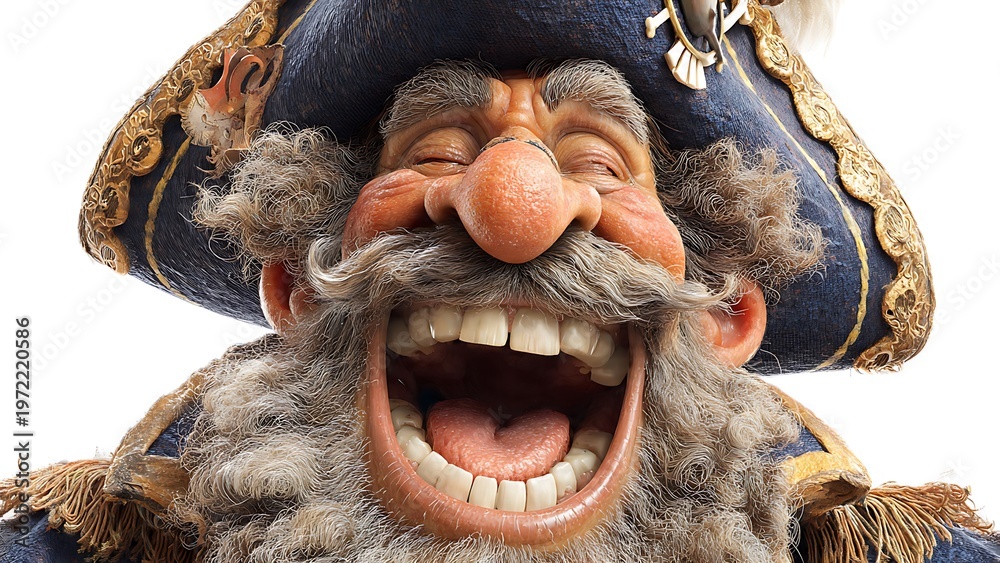 Fototapeta premium Close-up of an exuberant elderly character in an ornate pirate hat laughing joyfully, eyes closed,