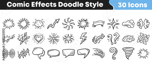 A collection of various comic book doodle style icons featuring explosions lightning bolts arrows and speech bubbles for creative design