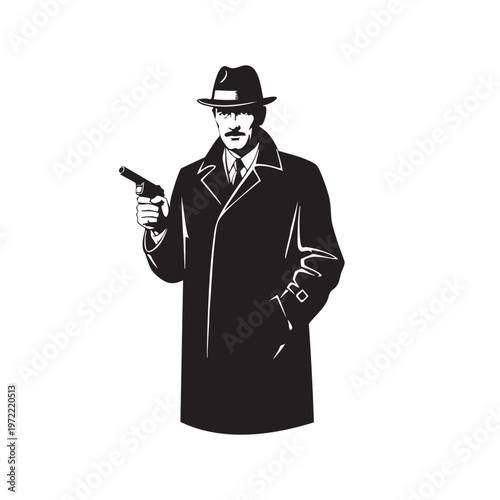 Intense man in a fedora hat and trench coat, holding a handgun pointed forward, with his other hand in his pocket, vector illustration in black and white