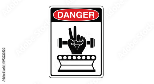 Danger warning sign with a hand showing two fingers near crushing machinery and industrial rollers
