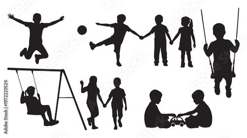 Black silhouette children icons, playground kids vector set, child friendship and fun activities