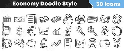 A diverse collection of hand-drawn doodle style economy and finance icons, illustrating concepts of money, business, and banking.