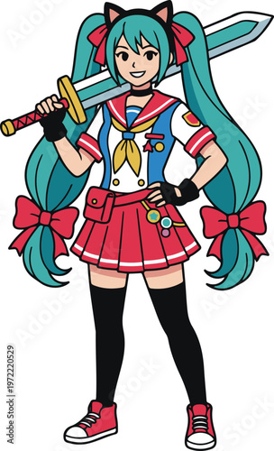 Anime-style schoolgirl warrior character with long twin tails, holding a sword, dressed in a colorful uniform with a confident and energetic pose in vector illustration style.