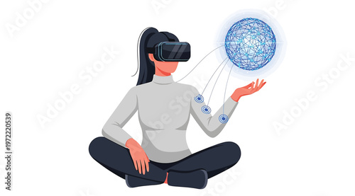 Woman wearing vr headset interacting with a digital network sphere, virtual reality technology concept