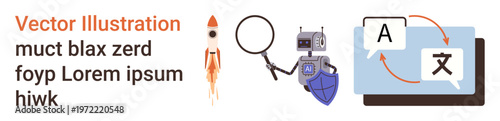 Space exploration, AI development, language translation, education, research, futuristic concepts. Rocket, robot with shield magnifying glass translation icons. Space exploration and AI development