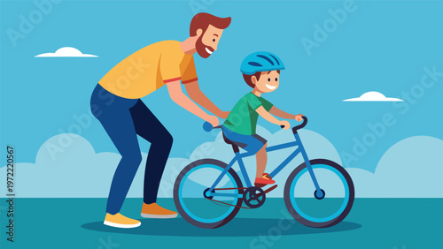 Father teaching son to ride a bicycle on a sunny day supportive dad guiding a smiling child learning to cycle