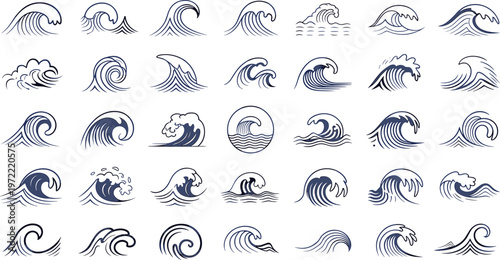 Ocean wave icons set, sea water line art collection, surfing waves illustration, marine design elements, nautical symbols, coastal nature graphics