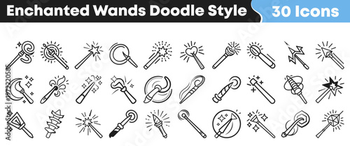 Collection of various magic wand icons featuring creative doodle style designs isolated on a clean white background for digital projects