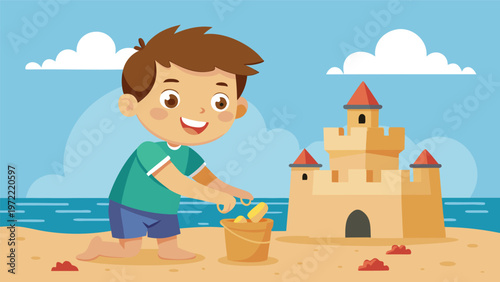 Happy boy building a sandcastle on a sunny beach playful child creating a tower with a bucket and shovel