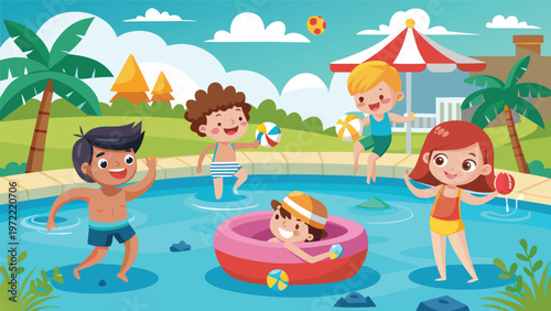 Children having fun at a colorful pool party kids splashing, playing with floaties and beach balls under sunny skies