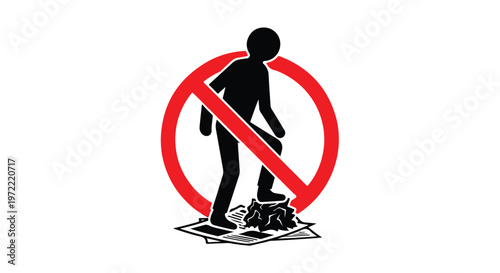 Silhouette of a person stepping on trash with a red prohibition sign indicating no littering