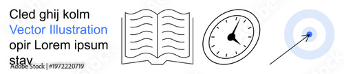 Education, time management, goals, productivity, strategy, focus. Open book, clock and marked target with arrow . Reading and time management concepts with goal-setting
