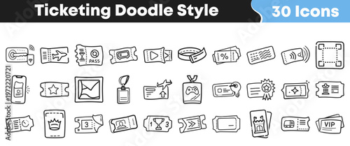 A vibrant collection of hand-drawn doodle style ticketing icons perfect for event management, travel, cinema, and various digital applications.