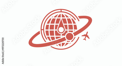 Red Globe Icon with Airplane and Orbiting Ring Design.