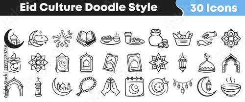 Hand-drawn doodle style icons depicting essential elements of Eid culture, including religious symbols, food, and traditions, perfect for festive designs.