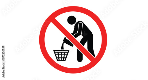Prohibition sign showing a person pouring liquid into a trash can with a red circle and diagonal line indicating no