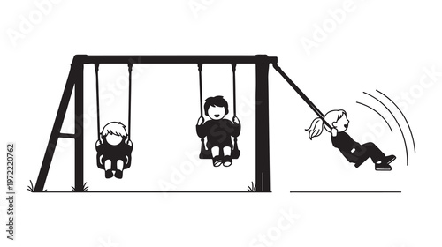Black and white, simple line drawing, children playing on swings and seesaw, playground fun, kids recreation, vector illustration