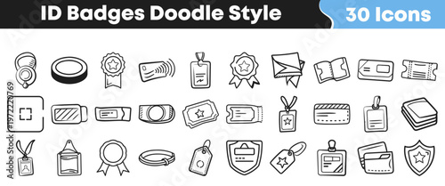 Various hand drawn identification badges and event ticket icons presented as a complete collection for professional business marketing design needs