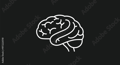Simple white outline of a human brain on a black background.