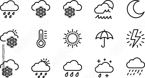 Weather icons set, climate symbols collection, rain snow sun cloud temperature storm elements, meteorology line icons, forecast graphics, minimal outline design