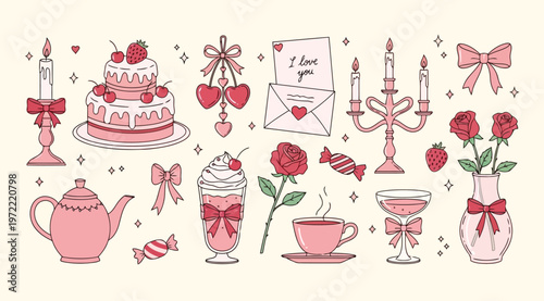 Set of cute romantic elements for valentines day, vector illustration with pink cake, flowers, candles, love letter, and sweets