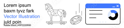 Cybersecurity, malware protection, data analysis, online risks, digital security, phishing. Trojan horse, falling coin and data chart. Cybersecurity and malware protection concept