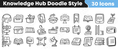 A comprehensive collection of hand-drawn doodle style icons representing various aspects of knowledge, learning, education, and information resources.