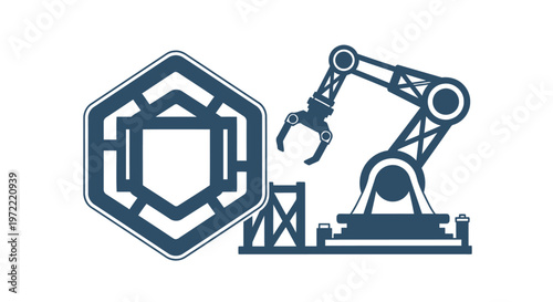 Modern Robotic Arm and Abstract Geometric Shape Illustration.