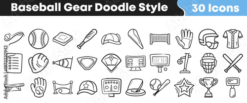 A collection of hand-drawn baseball sports equipment icons in a charming doodle style, perfect for various graphic design projects and digital presentations.