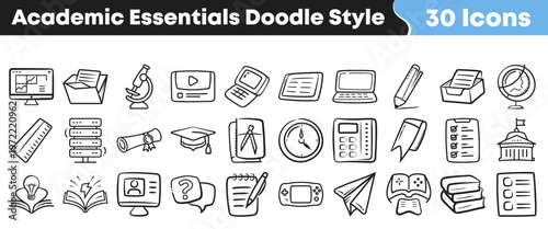 Collection of various academic essentials depicted as hand drawn doodle style icons for educational and school themed graphic design projects