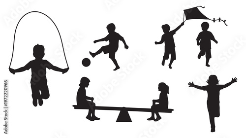 Black silhouette children playing, kids recreational activities, playground fun, vector icons