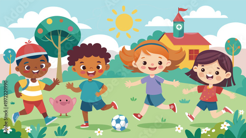 A lively scene shows a diverse group of children engaged in outdoor play on a sunny day. Two children are focused on a soccer ball, while others are enjoying different activities