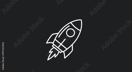 Simple white rocket ship icon on a black background for concepts.