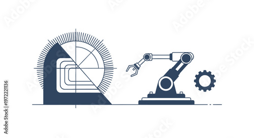 Modern Robotic Arm and Gear Symbolizing Industrial Automation.