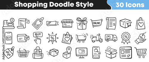 Collection of hand drawn shopping icons featuring various retail symbols for e-commerce websites and mobile application graphic design user interfaces