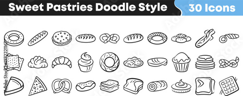 A set of thirty hand drawn doodle style icons featuring various sweet pastries and bakery items for graphic design projects