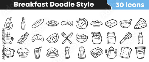 Collection of various hand drawn breakfast food icons presented in a simple black and white doodle art style format
