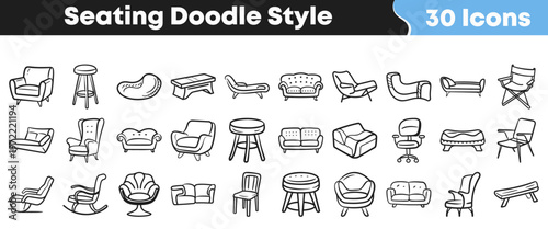 A diverse collection of hand-drawn seating furniture icons in a charming doodle style, perfect for interior design and home decor illustrations.