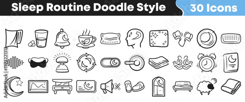 A collection of doodle style icons representing various elements of a comfortable and healthy sleep routine and daily wind-down activities.