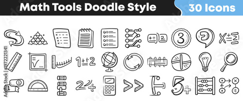 Hand drawn collection of various mathematics tools and numbers depicted in a simple doodle style for educational graphic design projects