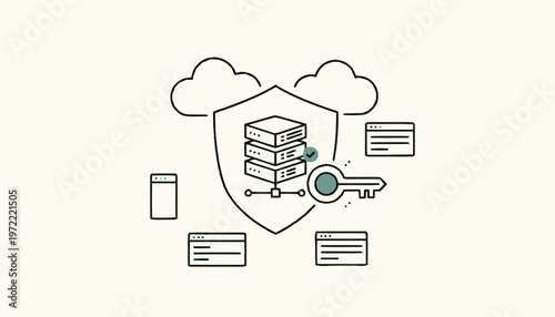 Secure Cloud Data Storage with Shield, Servers, and Key Illustration.