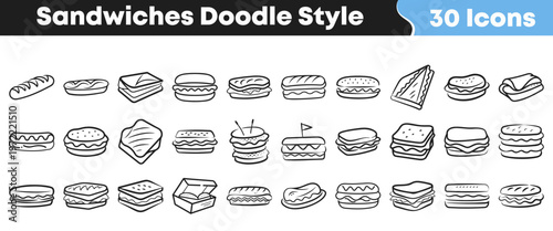 A delightful collection of 30 hand-drawn doodle style sandwich icons perfect for menus, food blogs, or culinary designs.