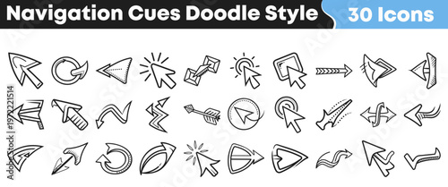 Hand drawn collection of thirty creative navigation cursor icons featuring various arrow shapes for web design and user interface projects