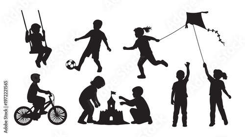 Black silhouette children icons, kid activities set, playground vector graphics, kids playing