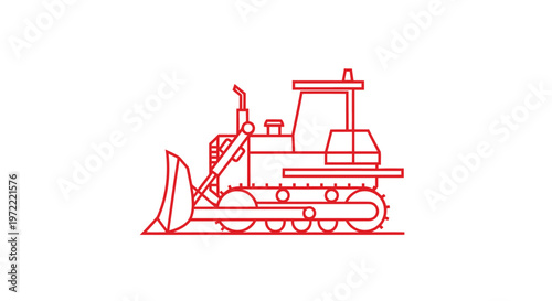 Red Line Art Illustration of a Powerful Bulldozer on White Background.