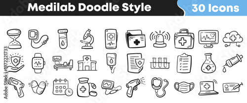 Collection of various medical and healthcare doodle style icons featuring equipment for doctors hospitals and pharmaceutical research clinical science projects