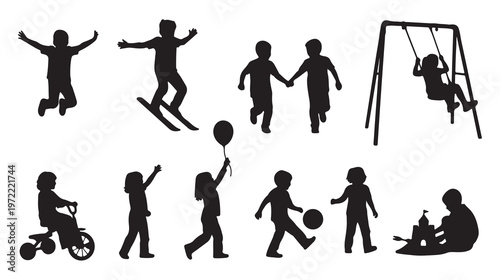 Black silhouette children icons, kids playing, recreational activities, vector graphics